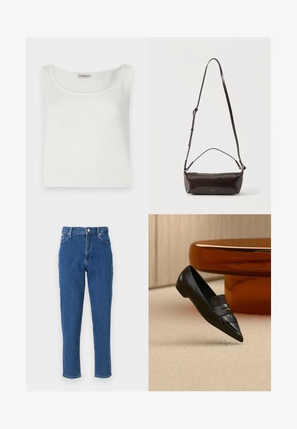 Top sans manches blanc en tissu tricoté avec un col en scoop et un ourlet côtelé. Présente le logo « GUESS JEANS » en relief sur le devant.; Jean en denim bleu avec taille haute, fermeture éclair, cinq poches, jambes droites, et une texture légèrement décolorée, avec un ourlet net.; Mocassin en cuir noir à bout pointu avec détail de franges, positionné sur un tapis beige près d'une table ronde en verre orange.; Petit sac à bandoulière en cuir marron foncé brillant avec bandoulière réglable, poignée supérieure et fermeture éclair dorée.
