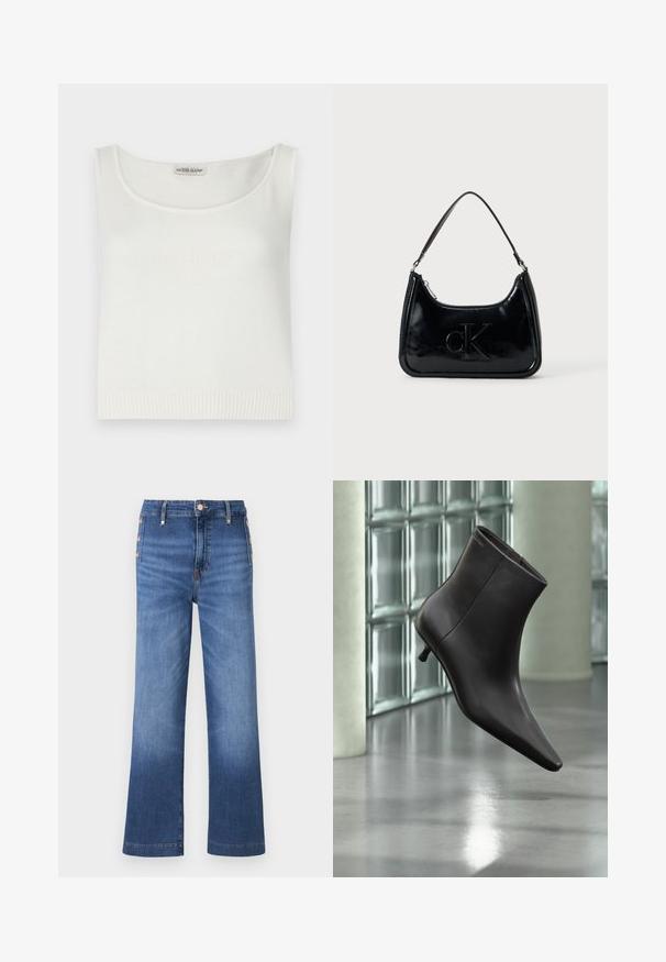Top sans manches blanc en tissu tricoté avec un col en scoop et un ourlet côtelé. Présente le logo « GUESS JEANS » en relief sur le devant.; Jean denim bleu à jambes larges avec des détails de boutons sur le côté et une taille haute.; Bottine en cuir noir avec bout pointu et petit talon, présentée devant un mur en blocs de verre et un sol poli.; Sac à main en cuir verni noir avec une anse incurvée, fermeture éclair et logo "cK" embossé sur le devant. Texture lisse, forme structurée.