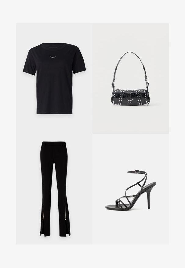 Zwarte katoenen t-shirt met een ronde hals, korte mouwen en een subtiele, gestructureerde zilveren logo op de borst. Gladde stofafwerking.; DSQUARED2 ICON TRUMPET PANT - Broek - black; Zwarte hoge hakken sandaal met dunne banden, een enkelgesp, een gladleren oppervlak en een slanke stilettohak.; Zwarte lakleren schoudertas met zilveren studs in verticale rijen en een klein zilveren vogel-embleem in het midden aan de voorkant.