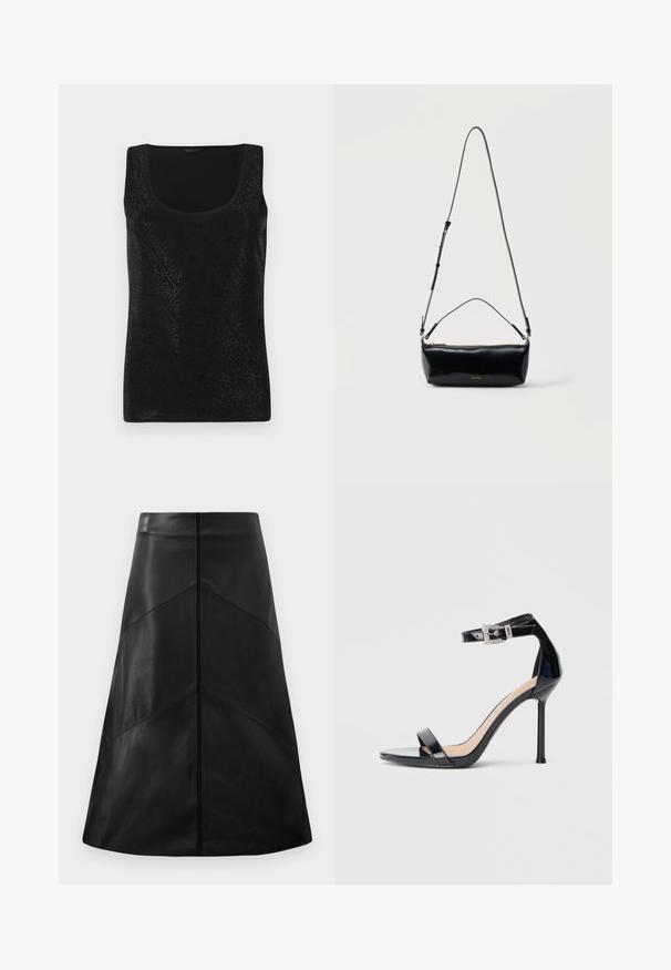 Débardeur noir sans manches présentant un motif en losanges avec de petites découpes, un col rond et une texture de tissu lisse.; Jupe en cuir noir en forme A avec une texture lisse, arborant des motifs de coutures géométriques et une fermeture éclair dissimulée à l'arrière.; Sandale à talon haut en cuir verni noir avec bride à la cheville. Présente un design minimaliste, un bout ouvert et une boucle ornée de strass.; Sac bandoulière rectangulaire en cuir noir avec bandoulière ajustable, fermeture éclair sur le dessus et petit logo Calvin Klein doré sur le devant.