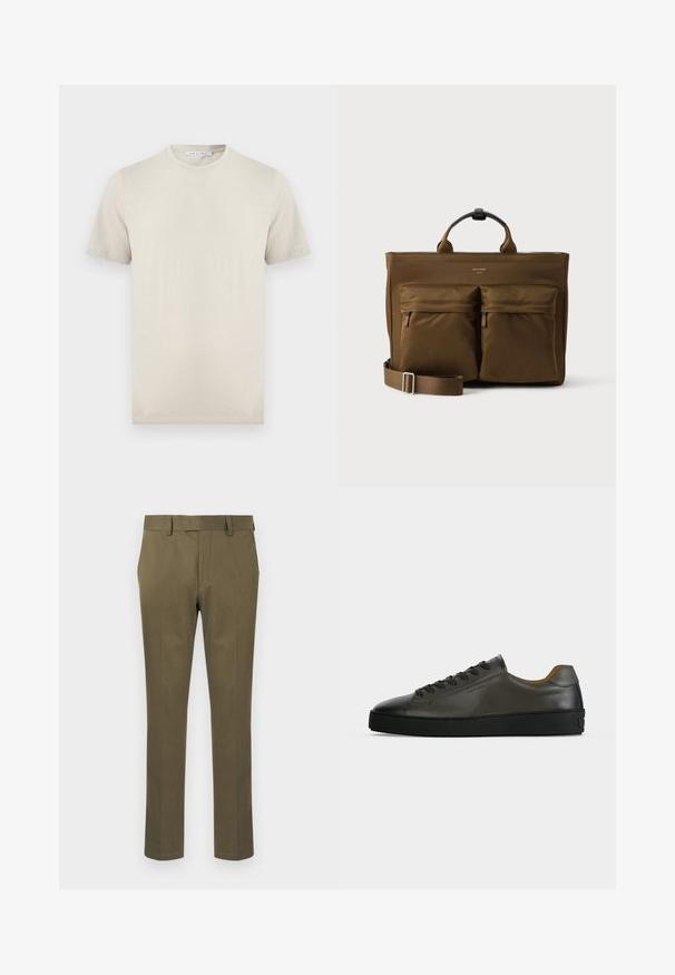 Beige short-sleeve crew neck T-shirt made from soft fabric, with a tag labeled "Tiger of Sweden" inside the collar.; Men's slim-fit olive green trousers with belt loops, side pockets, and a hidden front zipper fly on a white background.; Low-top dark gray leather sneaker with black laces and sole, minimalist design, side profile on a plain light background.; Brown rectangular tote bag with two large front zip pockets, short handles, and an adjustable shoulder strap on a white background.