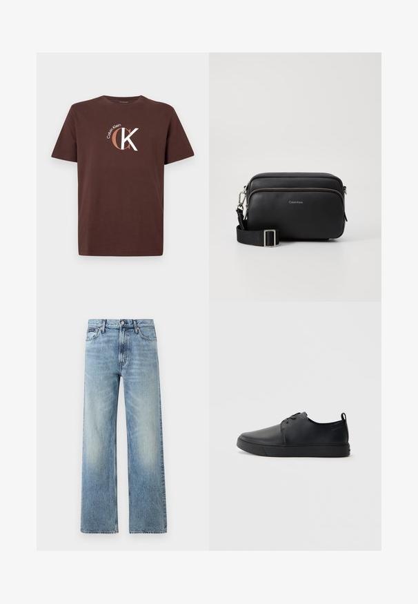 Καφέ βαμβακερό T-shirt με κοντά μανίκια και στρογγυλή λαιμόκοψη. Διαθέτει λευκό και ανοιχτό καφέ λογότυπο Calvin Klein και γραφικό σχέδιο "CK".; Ανοιχτό μπλε τζιν παντελόνι με ίσια γραμμή και ψηλή μέση, πέντε τσέπες, κούμπωμα με κουμπί και διακριτικό ξεθώριασμα στους μηρούς και τα γόνατα.; Μαύρο δερμάτινο αθλητικό παπούτσι με λεία επιφάνεια, στρογγυλή μύτη, τονικό ράψιμο, κορδόνια μπροστά και επίπεδη καουτσούκ σόλα. Βρόχος στην πτέρνα.; Μαύρη δερμάτινη τσάντα χιαστί με δύο διαμερίσματα με φερμουάρ, υφή, ρυθμιζόμενος ιμάντας και ασημί μεταλλικά στοιχεία. Το λογότυπο Calvin Klein είναι εμφανές.
