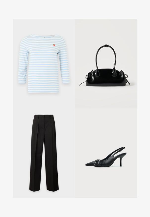 Chemise à manches longues à rayures horizontales bleu clair et blanc avec un petit écusson de fraise rouge sur la partie supérieure gauche de la poitrine.; Pantalon noir taille haute à jambes larges avec passants de ceinture et plis sur le devant, présenté sur un fond uni clair.; Escarpin slingback à talon haut en cuir noir avec bout pointu, boucle et détail de bride œillet à l'avant.; Petit sac à main noir brillant avec deux longues anses et des détails à cordon sur les côtés sur un fond clair uni.