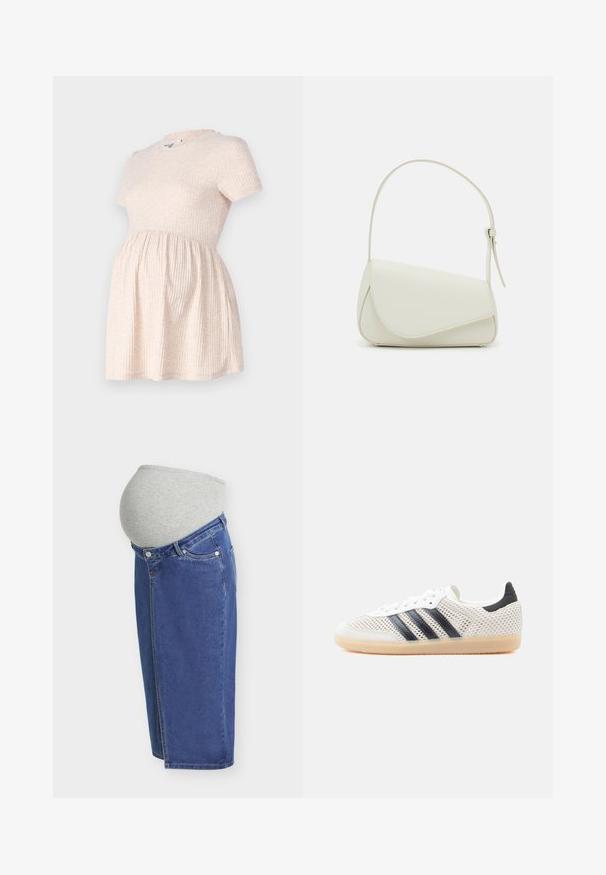 Hellbeige schulterfreies Schwangerschafts-Kleid mit rundem Halsausschnitt, geripptem Material und einer A-Linie, die sanft von der Taille abwärts fließt.; Blauer Jeans-Mutterschaftsrock mit grauem Stretchbund, der über dem wachsenden Babybauch sitzt, Seitenansicht.; Weiße Mesh-Sneaker mit schwarzem Drei-Streifen-Design, abgerundeter Spitze und Gummisohle. Verfügen über einen weichen Fersenkragen und Schnürverschluss.; Weiße Kunstleder-Handtasche mit einer strukturierten dreieckigen Form, einem verstellbaren Einzelgurt und einem Klappenverschluss mit geschwungenen Akzenten.