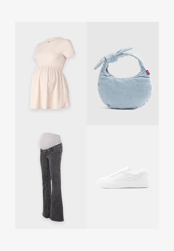 Robe de maternité beige clair à manches courtes avec un col rond, texture côtelée, et une silhouette évasée partant de la taille.; Jean de maternité avec une taille élastique grise ajustée, des jambes évasées et une finition en denim gris foncé, présentant des coutures standard et des poches.; Baskets basses blanches avec semelle épaisse, design à lacets et détails de couture subtils sur un fond clair uni.; Sac à bandoulière en denim bleu clair avec un détail noué sur la poignée et une petite étiquette rouge Levi's sur le côté.