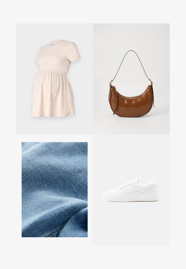 Vestido de maternidad corto de manga corta en color beige claro, con escote redondo, textura acanalada y una silueta en A que fluye desde la cintura.; Tela de mezclilla azul claro con una textura de sarga visible. Apariencia suave y ligeramente arrugada con un detalle de costura sutil.; Zapatilla blanca de corte bajo con suela gruesa, diseño con cordones y detalles de costura sutiles sobre un fondo claro y uniforme.; Bolso de imitación de cuero marrón con un diseño curvado, cierre de cremallera y una única correa marrón. Textura suave con un acabado brillante y hardware mínimo.
