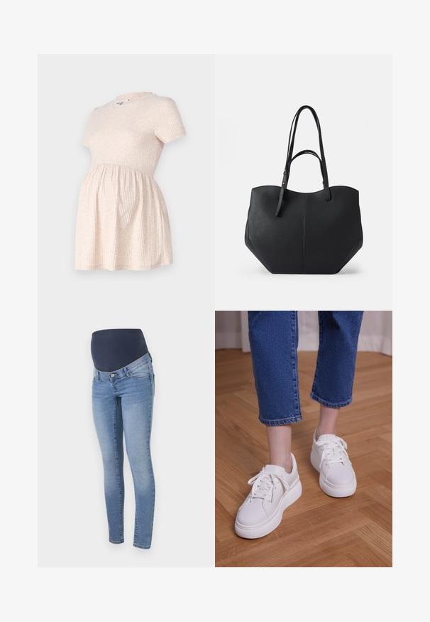 Lys beige kortærmet graviditetskjole med rund hals, ribbet tekstur og en A-formet silhuet, der flyder fra taljen.; Graviditetsjeans i lyseblå denim med en strækbar sort talje, med et slim fit-design og klassisk 5-lomme stil.; Ben iført cropped blå jeans og hvide snørebånds-plateausneakers, stående på lyst trægulv.; Sort tote taske med glat, struktureret læder, afrundet top og to lange håndtag. Har en vinkelret bund for stabilitet og et struktureret design.