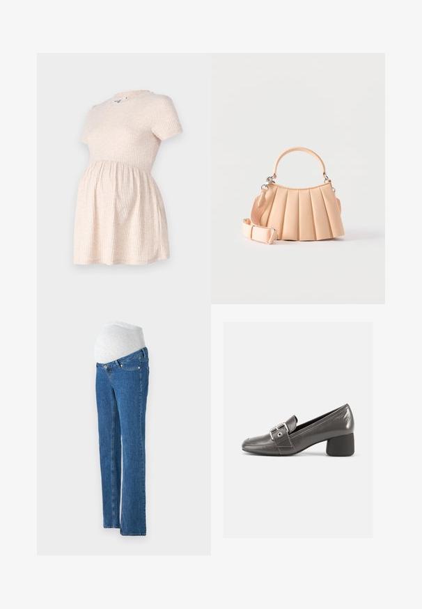 Vestido de maternidad corto de manga corta en color beige claro, con escote redondo, textura acanalada y una silueta en A que fluye desde la cintura.; Vero Moda Maternity Straight fit maternity - Vaqueros rectos - medium blue denim; Zapato de cuero negro de tacón medio con punta redonda, con una correa decorativa con hebilla y un acabado texturizado en la parte superior.; Bolso plegado beige con asa redondeada y correa para el hombro de tela acanalada desmontable sobre fondo blanco.