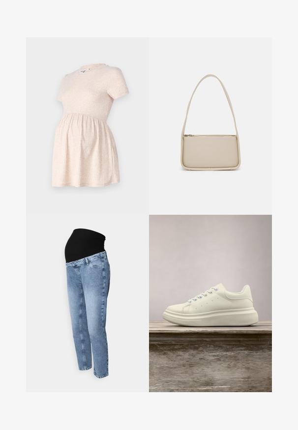 Hellbeige schulterfreies Schwangerschafts-Kleid mit rundem Halsausschnitt, geripptem Material und einer A-Linie, die sanft von der Taille abwärts fließt.; Umstandshosen mit einem schwarzen, dehnbaren Bund und hellblauem Denim. Gerades Bein Design mit klassischem Fünf-Taschen-Stil und ausgewaschenem Look.; Weißer Ledersneaker mit rundem Zehenbereich, glatter Textur und kontrastierenden Schnürsenkeln. Verfügt über Belüftungslöcher und eine dicke Gummisohle für Komfort.; Even&Odd by Zalando Handtasche - off white