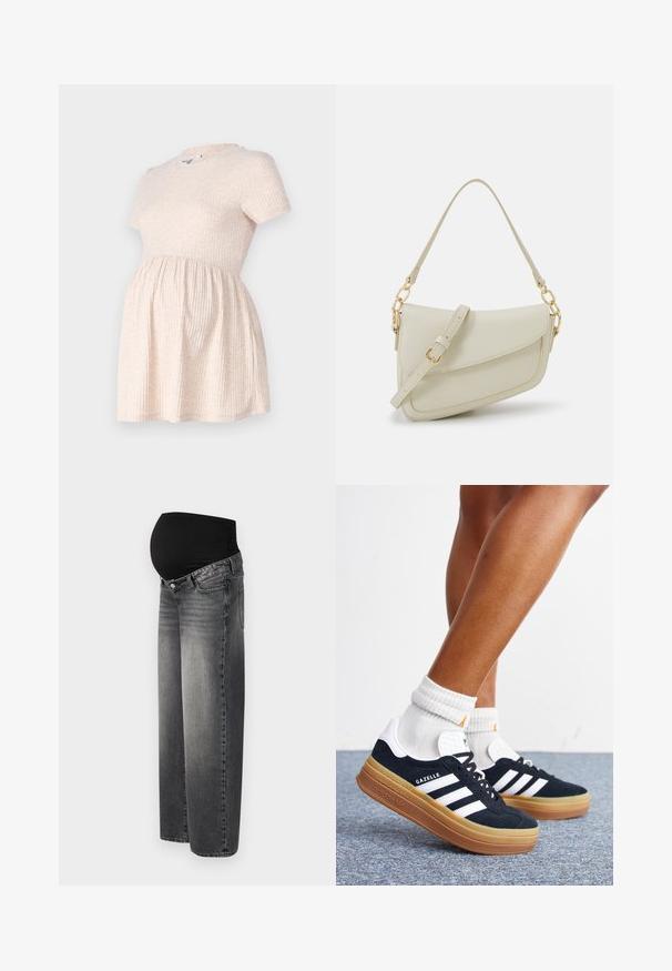 Vestido de maternidad corto de manga corta en color beige claro, con escote redondo, textura acanalada y una silueta en A que fluye desde la cintura.; Jeans de maternidad en denim negro desgastado, con una cinturilla negra elástica para mayor soporte. Diseño de pierna ancha con bolsillos frontales estándar.; Piernas con calcetines blancos y zapatillas Adidas Gazelle negras con rayas blancas y suelas marrones gruesas sobre un suelo alfombrado gris.; Pequeño bolso de mano crema con un acabado texturizado, una correa larga y ajustable, un acento de cadena y cierre de solapa. Detalles en hardware dorado.