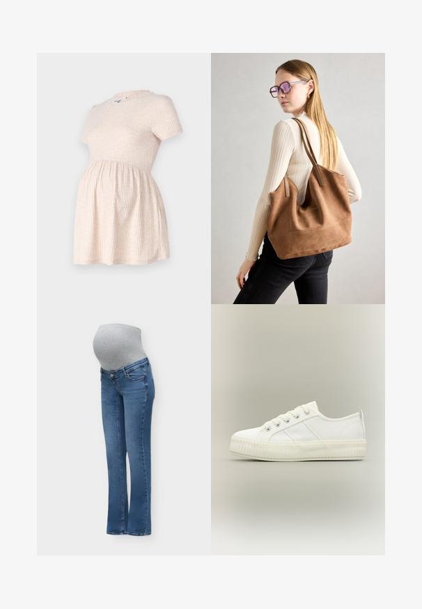 Hellbeige schulterfreies Schwangerschafts-Kleid mit rundem Halsausschnitt, geripptem Material und einer A-Linie, die sanft von der Taille abwärts fließt.; Blaue Umstandsjeans mit einem grauen elastischen Bauchpanel, das über den Babybauch passt, für Komfort und Halt.; Weißer Sneaker mit niedrigem Schaft, dicker gerippter Sohle, Schnürung vorne und Zuglasche an der Ferse vor neutralem Hintergrund.; Braune Wildleder-Tasche mit weicher Textur, großer Öffnung und langen Trägern. Sie verfügt über ein simples Design mit sichtbarem Stich und ohne Beschläge.