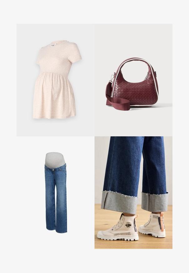 Robe de maternité beige clair à manches courtes avec un col rond, texture côtelée, et une silhouette évasée partant de la taille.; Jean de maternité bleu avec une ceinture élastique grise conçue pour accueillir un ventre de femme enceinte, présenté sur fond blanc.; Baskets montantes en toile beige avec des accents texturés, une semelle blanche en caoutchouc et une emblématique patch logo. Pantalon en denim délavé avec des poignets contrastants.; Sac à main en cuir tressé marron foncé avec poignée courbée, garniture blanche, fermeture éclair argentée et bandoulière large en tissu amovible sur fond uni.