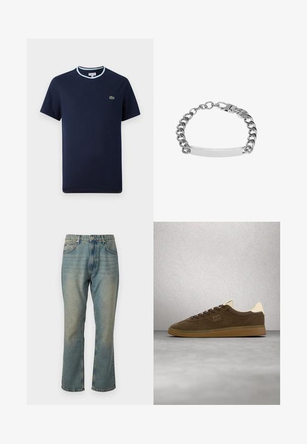Camiseta de algodón azul marino, con un cuello acanalado azul claro. Presenta un pequeño logotipo de cocodrilo verde en el pecho. Diseño de mangas cortas.; Vaqueros de denim azul desgastado con pierna recta, cinco bolsillos y cierre de botón. Presenta detalles de lavado más claro sutiles.; Zapatilla de gamuza marrón con suela de goma y cordones marrón oscuro, flotando sobre un suelo pulido gris y un fondo de pared de bloques de vidrio.; Pulsera de cadena de metal plateado con una placa rectangular lisa y un cierre de broche seguro.