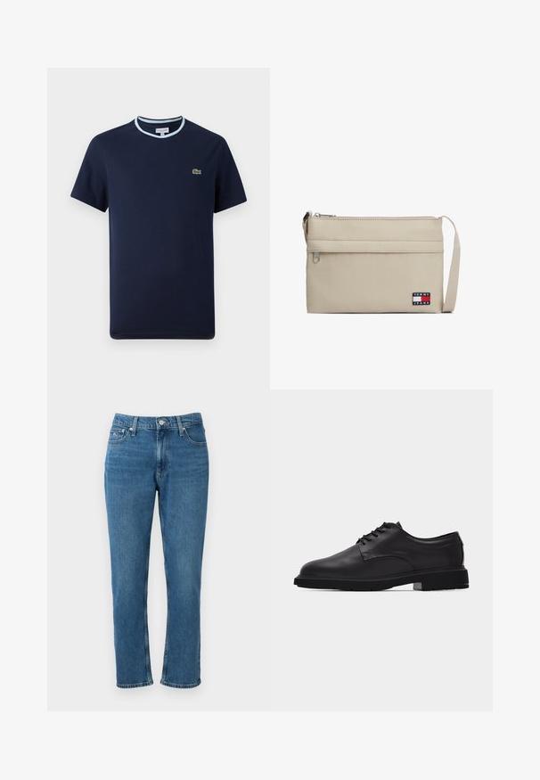 Camiseta de algodón azul marino, con un cuello acanalado azul claro. Presenta un pequeño logotipo de cocodrilo verde en el pecho. Diseño de mangas cortas.; Vaqueros de mezclilla azul con un diseño de pierna recta, cinco bolsillos, cierre de botón metálico y un aspecto desgastado. Presenta detalles de costura sutiles.; Zapato de vestir para hombre de cuero negro con cordones, acabado liso y suela gruesa de goma, mostrado de perfil sobre fondo blanco.; Bolso bandolera beige hecho de tela texturizada, con cierre de cremallera, correa ajustable y parche visible con el logo de Tommy Jeans.