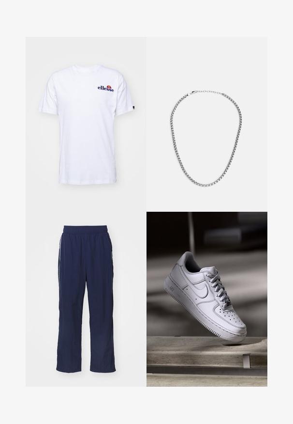 Weißes Baumwoll-T-Shirt mit kurzen Ärmeln, das ein marineblaues gesticktes Logo auf der linken Brust und einen lebhaften Farbakzent über dem Logo präsentiert.; Marineblaue leichte Hose mit einem elastischen Bund, relaxed Fit, Seitentaschen und kontrastierenden weißen Streifen an den Seiten.; Weißer Nike Air Force 1 Sneaker aus Leder mit perforierter Zehenpartie, flachen Schnürsenkeln und strukturierter Gummisohle mit "AIR"-Branding an der Seite.; Fossil JEWELRY NECKLACE - Halskette - silver-coloured