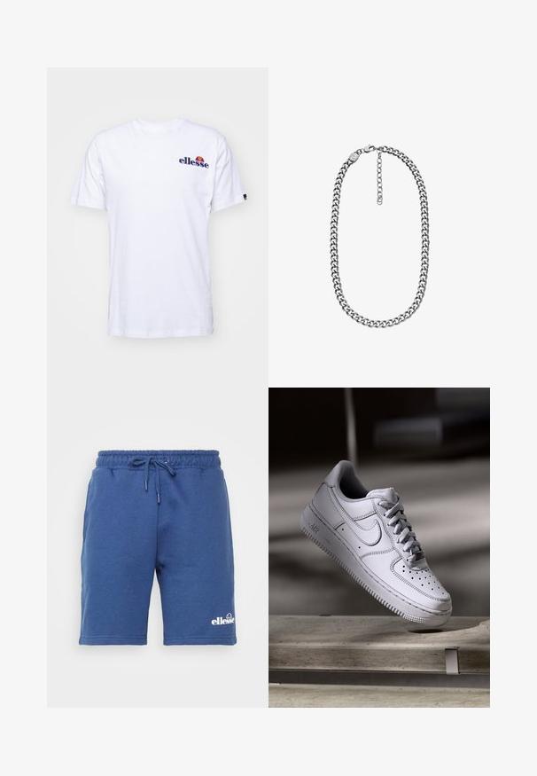 Weißes Baumwoll-T-Shirt mit kurzen Ärmeln, das ein marineblaues gesticktes Logo auf der linken Brust und einen lebhaften Farbakzent über dem Logo präsentiert.; Blaue Baumwollshorts mit elastischem Taillenbund und Kordelzug, mit einem kleinen weißen Logo am unteren Bein. Glatte Textur, knielang.; Weißer Nike Air Force 1 Sneaker aus Leder mit perforierter Zehenpartie, flachen Schnürsenkeln und strukturierter Gummisohle mit "AIR"-Branding an der Seite.; Halskette mit silberfarbener Curb-Kette, Karabinerverschluss und verstellbarer Verlängerungskette vor weißem Hintergrund.