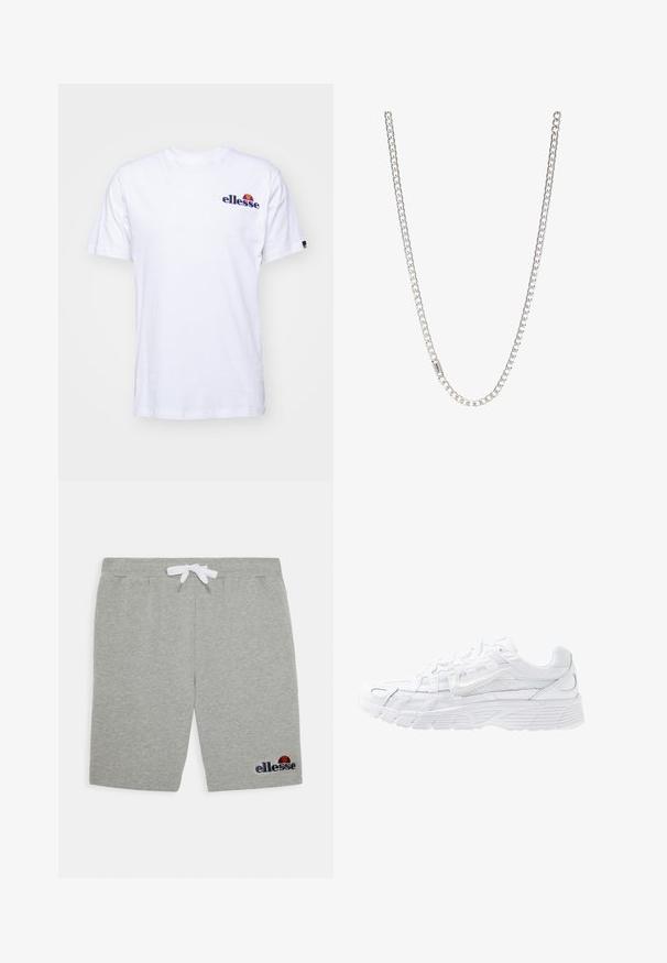 Witte katoenen T-shirt met korte mouwen, voorzien van een marineblauw geborduurd logo op de linkerborst en een levendige kleurenaccent boven het logo.; Grijze katoenen shorts met een elastische tailleband en witte trekkoord. Bevat een geborduurd 'ellesse' logo en een afgeronde accent in rood en blauw.; Nike Sportswear P 6000 - Sneakers laag - white/platinum tint; Zilveren ketting met in elkaar grijpende schakels, een gladde textuur en een uniforme rechthoekige vorm. Veilige sluiting.