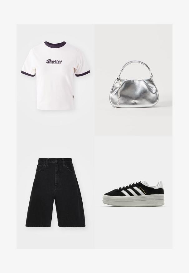Hvid T-shirt med mørkeblå ribbet krave og ærmer. Har en stor grafisk tekstlogo i mørkeblå, "Dickies WORKWEAR COMPANY."; Sorte denimshorts med høj talje og vidde ben, der har fem lommer og knaplukning. Glat tekstur med minimal falming.; Sort ruskind sneaker med hvide læderdetaljer, tre hvide striber, flade snørebånd og en tyk grå platformsål. Guldfarvet "Gazelle" branding.; Lille sølvfarvet metallic håndtaske med kort hank og kædedetalje på en ens hvid baggrund.