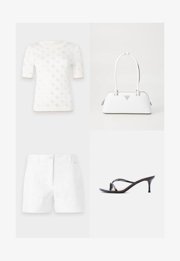 Gebreide witte top met korte mouwen en een subtiel patroon, met een ronde halslijn en een gouden accent aan de zoom. De stof lijkt lichtgewicht en ademend.; Witte katoenen shorts met een rechte snit, voorzien van een voorjaarsknopsluiting en zijzakken. Gladde textuur met minimale details.; Zwarte laklederen sandaal met hakken, dunne gekruiste bandjes en een slanke, middelhoog stilettohak op een witte achtergrond.; Witte leren handtas met een gebogen vorm, voorzien van een zilveren driehoekig logo en ritssluiting. Gladde textuur en dubbele handvaten.