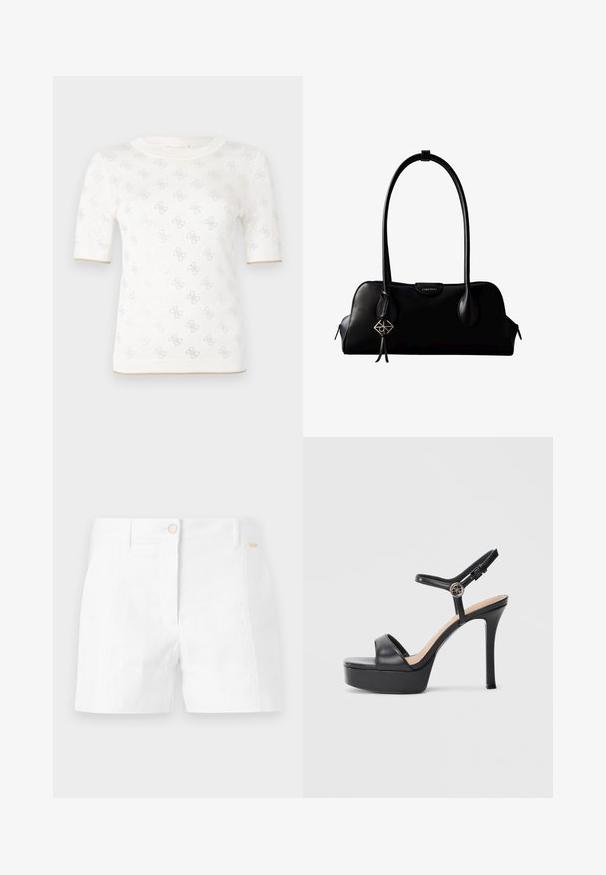 Haut tricoté blanc à manches courtes avec un motif subtil, doté d'un col rond et d'un accent doré à l'ourlet. La texture semble légère et respirante.; Shorts en coton blancs avec une coupe droite, dotés d'une fermeture à bouton sur le devant et de poches latérales. Texture lisse avec un minimum de détails.; Sandales à plateforme noires avec un talon haut stilettos, dotées d'une tige en cuir lisse, d'un bout ouvert et d'une bride de cheville ajustable avec ferrures.; Sac à main en cuir noir Calvin Klein avec de longues anses, une étiquette logo à l'avant et un charme géométrique argenté suspendu à une anse.