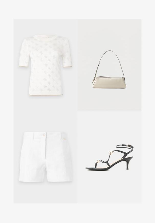 Top de punto blanco de manga corta con un patrón sutil, que presenta un escote redondo y un acento dorado en el dobladillo. La textura parece ligera y transpirable.; Pantalones cortos de algodón blancos con corte recto, que presentan un cierre frontal con botones y bolsillos laterales. Textura suave con un detalle mínimo.; Sandalia negra con tiras, tacón medio, cuentas doradas de acento y una correa en el tobillo con hebilla sobre fondo blanco.; Pequeño bolso de hombro de cuero beige con una correa fina y cierre de cremallera, con un logo metálico discreto en el centro del frente.