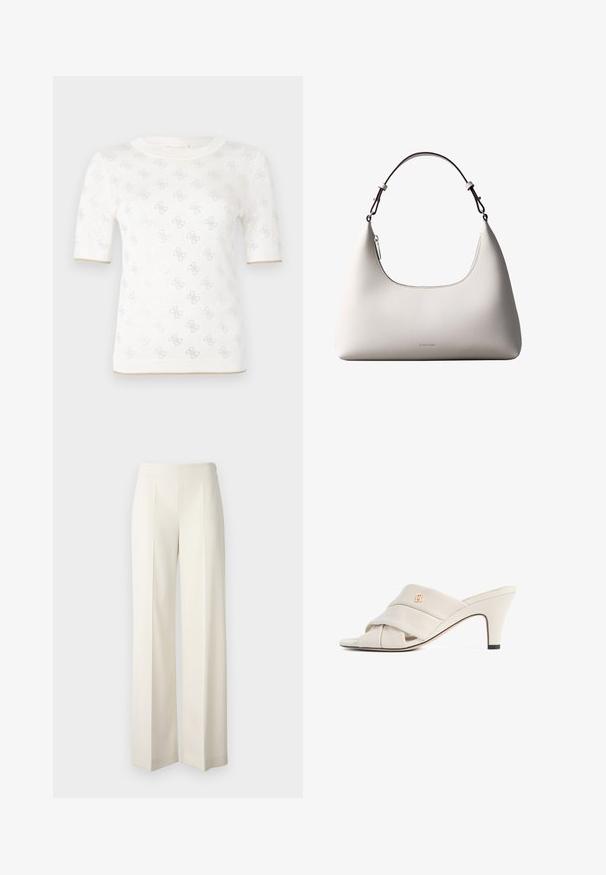 Top de punto blanco de manga corta con un patrón sutil, que presenta un escote redondo y un acento dorado en el dobladillo. La textura parece ligera y transpirable.; Pantalones de pierna ancha blancos, confeccionados en una tela suave con pliegues en la parte delantera. Diseñados con una cintura alta y un acabado limpio.; Mules de tacón alto beige con diseño de tira de cuero torcida, punta abierta y detalle de logotipo en relieve. El tacón tiene un detalle en punta negra.; Bolso de hombro de cuero color crema de Calvin Klein con borde superior curvado, cremallera plateada y correa ajustable marrón oscuro.