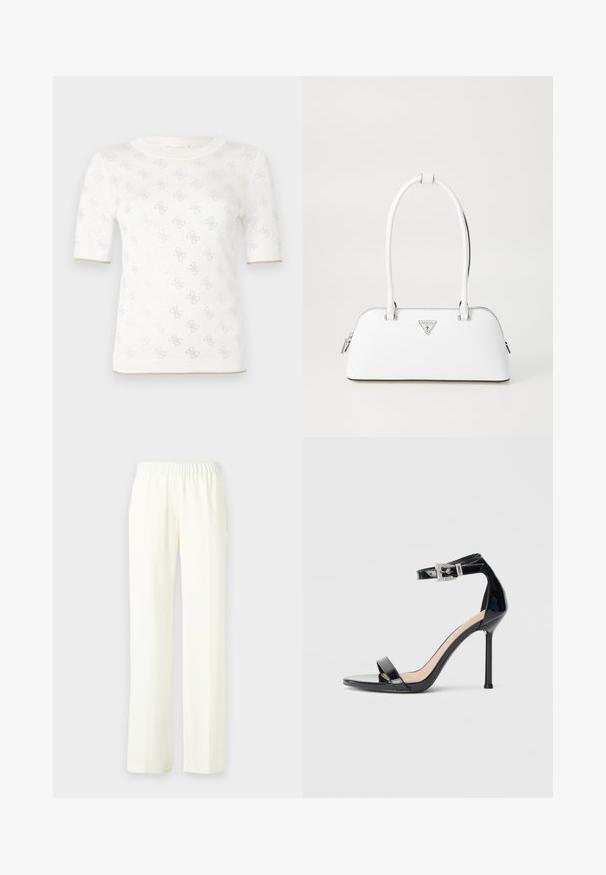 Top de punto blanco de manga corta con un patrón sutil, que presenta un escote redondo y un acento dorado en el dobladillo. La textura parece ligera y transpirable.; Pantalones de pierna ancha en crema claro con una cinturilla elástica para mayor comodidad. Tejido suave con un diseño fluido; sin patrón ni acentos visibles.; Sandalia de tacón alto en piel sintética negra con correa en el tobillo. Presenta un diseño minimalista, punta abierta y una hebilla con detalles de pedrería.; Bolso de cuero blanco con forma curva, que presenta un logo triangular plateado y cierre de cremallera. Textura lisa y dos asas.