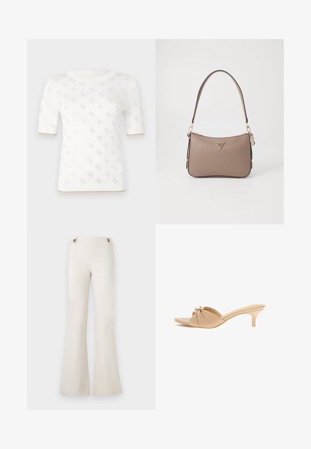 Top de punto blanco de manga corta con un patrón sutil, que presenta un escote redondo y un acento dorado en el dobladillo. La textura parece ligera y transpirable.; Guess MAELICE BUTTONS FLARE PANT - Pantalones - muted stone; Mule beige con puntera abierta, tira superior retorcida y tacón bajo tipo kitten, con un detalle decorativo dorado en la parte frontal.; Bolso de mano sintético marrón con forma curva, que presenta un logo triangular dorado, acentos de hardware dorado y una correa para el hombro delgada.
