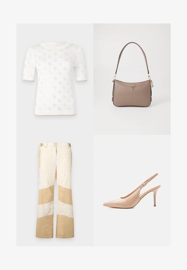 Top de punto blanco de manga corta con un patrón sutil, que presenta un escote redondo y un acento dorado en el dobladillo. La textura parece ligera y transpirable.; Pantalones de nieve beige con tela estampada y acentos de color sólido. Cuenta con dos botones, múltiples bolsillos y piernas anchas. Acabado texturizado.; Zapato slingback de tacón alto de piel patentada beige con punta puntiaguda y pequeño detalle de hebilla dorada en la correa.; Bolso de mano sintético marrón con forma curva, que presenta un logo triangular dorado, acentos de hardware dorado y una correa para el hombro delgada.