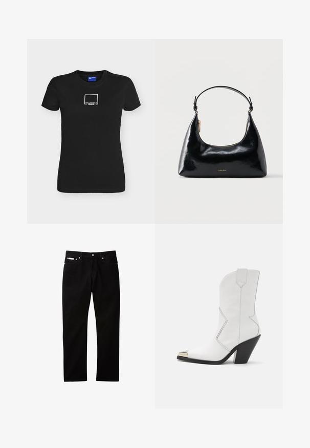 Μαύρο εφαρμοστό T-shirt με κοντά μανίκια και στρογγυλή λαιμόκοψη, με λευκό τετράγωνο λογότυπο που περιέχει το κείμενο "KARL LAGERFELD JEANS" στο στήθος.; Μαύρο τζιν από τζιν ύφασμα με ίσια γραμμή, διαθέτει κλείσιμο με κουμπί και φερμουάρ, πέντε τσέπες και μικρή ετικέτα με λογότυπο στη ζώνη μέσης.; David Koma ANKLE LENGTH METAL NOSE - Μποτάκια με ψηλό τακούνι - white; Μαύρη γυαλιστερή τσάντα Calvin Klein με χρυστό φερμουάρ και κοντό λουρί σε απλό λευκό φόντο.
