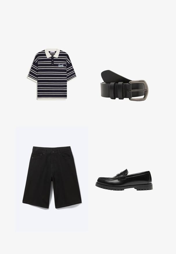 Polo à manches courtes rayé bleu marine et blanc avec col blanc, patte à trois boutons et texte "Concept Archive Studio" sur la poitrine.; Short en jean noir longueur genou avec bouton à l'avant, passants de ceinture et cinq poches, présenté sur fond blanc.; Mocassin en cuir noir avec une semelle en caoutchouc épaisse et un détail classique de bride à monnaie, vu de côté extérieur.; Ceinture en cuir noir avec une texture lisse, une boucle métallique et trois passants pour un ajustement sécurisé.
