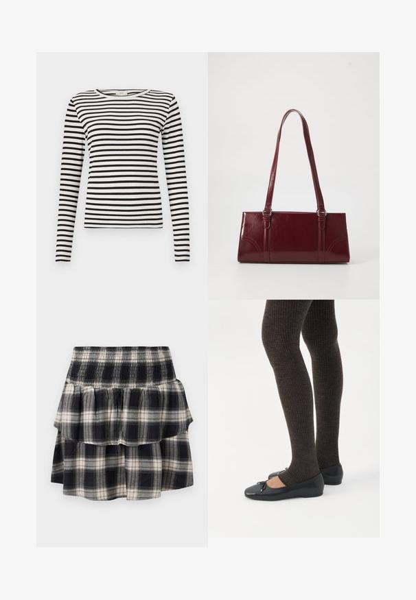 Zwart-wit gestreepte lange mouwen shirt met een ronde hals en een aansluitende ribbelstructuur. Evenwichtige streepbreedte in het hele shirt.; Zwart-wit geruite tiered rok met smock tailleband. Heeft gerimpelde lagen en een zachte katoentextuur.; Benen met donkere geribbelde leggings gecombineerd met zwarte ballerina's met kleine strikdetails op een witte achtergrond.; Bourgondische handtas van glanzend materiaal, rechthoekige vorm, met twee schouderbanden en subtiele gebogen accenten aan de voorkant.