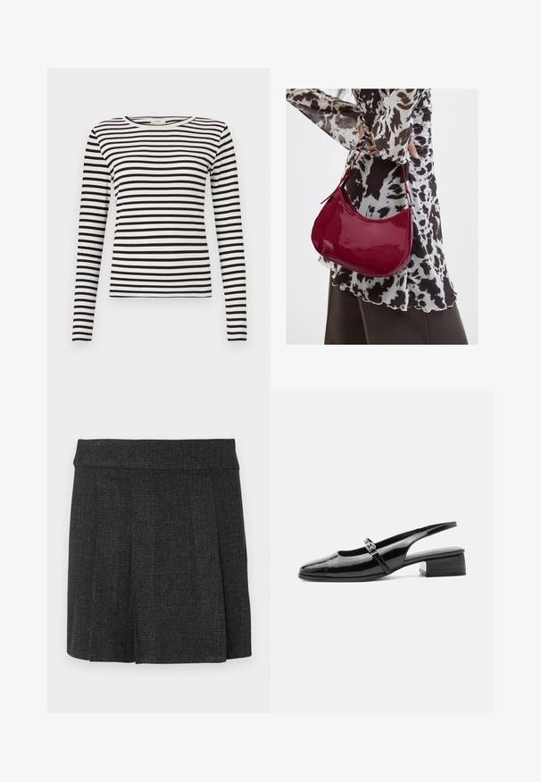 Chemise à rayures noires et blanches à manches longues avec un col rond et une texture côtelée ajustée. Largeur des rayures équilibrée sur l'ensemble.; Jupe noire plissée en tissu texturé. Ceinture mi-haute avec des lignes épurées. Coupe classique adaptée à diverses occasions.; Chaussure slingback en cuir verni noir avec un petit talon bloc et une fine bride avec une boucle argentée sur le dessus.; Femme portant un chemisier à motif noir et blanc tenant un sac à main rouge brillant sur un fond uni.