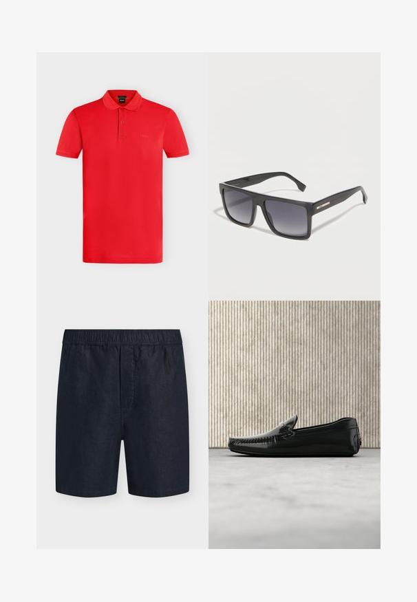 Polo rouge à manches courtes avec col, patte de boutonnage à deux boutons et logo BOSS subtil sur la poitrine, présenté sur fond gris clair uni.; Shorts pour homme bleu marine avec taille élastique et sans poches visibles, présentés sur un fond clair uni.; Mocassins en cuir noir avec une finition brillante, bout rond et quincaillerie décorative à l'avant. Semelle en caoutchouc à profil bas. Texture lisse.; Lunettes de soleil rectangulaires noires avec des verres dégradés foncés et des branches fines, ornées d'un petit logo "BOSS" sur le côté.
