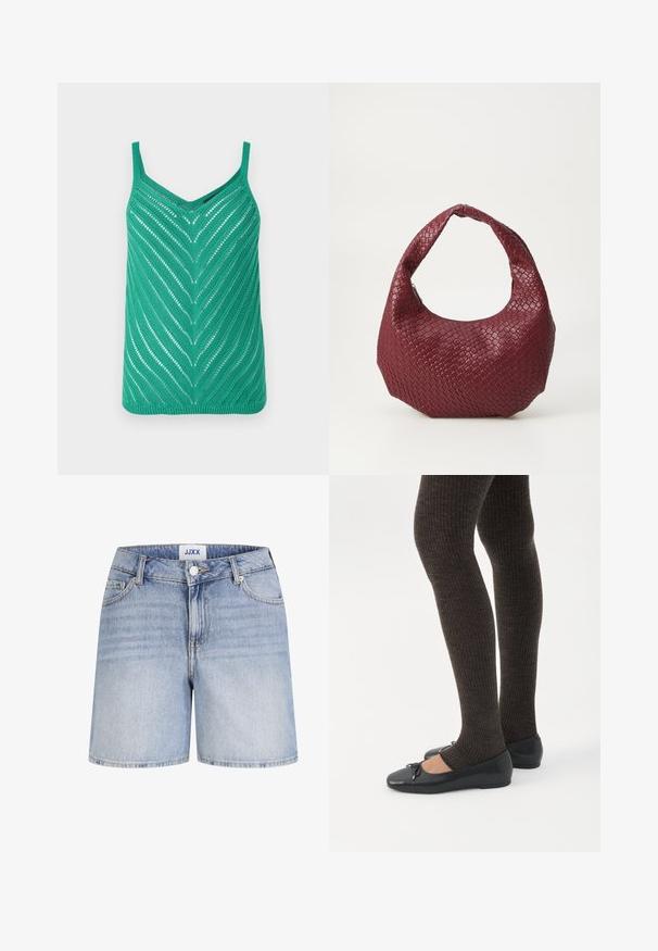 Πράσινο πλεκτό τοπ με V-λαιμόκοψη, μοτίβο ζιγκ-ζαγκ και λεπτές τιράντες. Ο ανοικτός πλέκτης προσθέτει υφή και οπτικό ενδιαφέρον.; Ανοιχτό μπλε τζιν σορτς με εμπρός κουμπί, φερμουάρ, θηλιές για ζώνη και πέντε τσέπες, με ετικέτα JJXX μέσα στη μέση.; Πόδια με σκουρόχρωμα ριμπ κολάν συνδυασμένα με μαύρα μπαλαρίνα παπούτσια με μικρές λεπτομέρειες φιόγκων σε λευκό φόντο.; Πλεκτή μπορντό τσάντα χειρός με στρογγυλή σιλουέτα, μία χειρολαβή και υφή. Κλείσιμο με φερμουάρ στο επάνω μέρος.