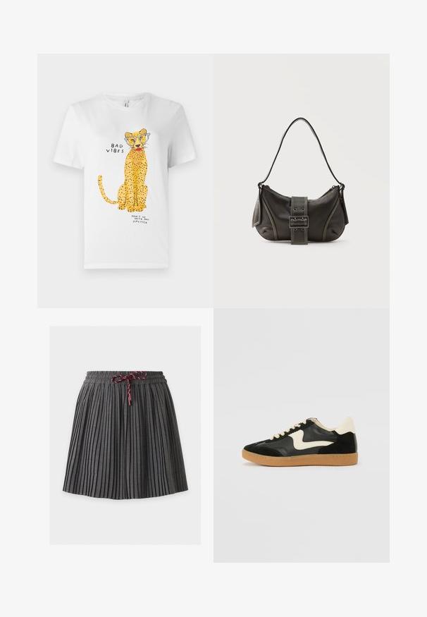 T-shirt en coton blanc arborant un graphique de léopard jaune portant des lunettes, avec le texte "MAUVAISES VIBES" et "NE VA PAS AVEC MON ROUGE À LÈVRES."; Jupe plissée gris foncé avec une taille élastique et un cordon bordeaux noué au centre devant.; Baskets en daim et cuir noir avec un swoosh latéral crème et un talon crème clair. Dotées de lacets beige et d'une semelle en caoutchouc gomme.; Sac à épaule en cuir noir avec une sangle à boucle, des bords arrondis et des coutures blanches contrastées sur un fond uni.