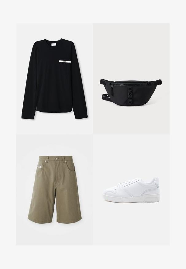 Sort langærmet t-shirt i bomuld. Har en lomme foran med en hvid accentstribe og logo. Enkel, klassisk model med rund hals.; MOSCHINO TAPE - Shorts - green; Hvid sneakers med lavt snit, snørelukning, glat syntetisk overdel og mønstret gummisål på en ensfarvet lys baggrund.; Sort Moschino bæltetaske med frontlynlås og justerbar rem på en ensfarvet lys baggrund.