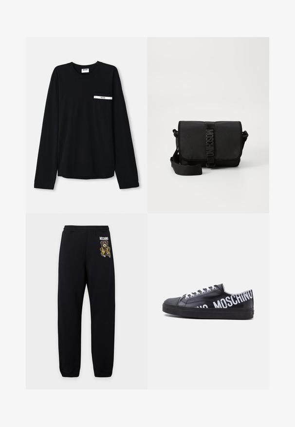 Sort langærmet t-shirt i bomuld. Har en lomme foran med en hvid accentstribe og logo. Enkel, klassisk model med rund hals.; Sorte joggingbukser med elastisk talje, med en lille bamse og "Moschino" logo på venstre lår.; Sort lavtop sneaker med hvide snørebånd og fed hvid "MOSCHINO" tekst, der vikler sig rundt om hælen og siden.; Sort nylon crossbody taske med en klap, prydet med en fremtrædende logo-rem lukning, justerbar rem og sidelægninger.