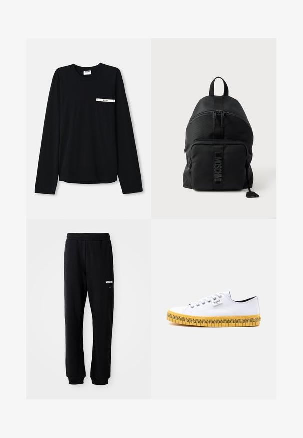Camiseta negra de manga larga hecha de algodón. Cuenta con un bolsillo delantero con una franja blanca y logo. Diseño sencillo y clásico con cuello redondo.; Pantalones de chándal negros con un corte relajado, hechos de una tela suave. Presentan una cintura elástica y el logo blanco de "Moschino" en el muslo izquierdo.; Zapatilla blanca de lona de caña baja con cordones blancos y suela amarilla diseñada para parecer una cinta métrica con marcas de talla.; Mochila negra Moschino con asa superior, bolsillo frontal con cremallera y logo visible en la correa del bolsillo frontal sobre un fondo claro y liso.