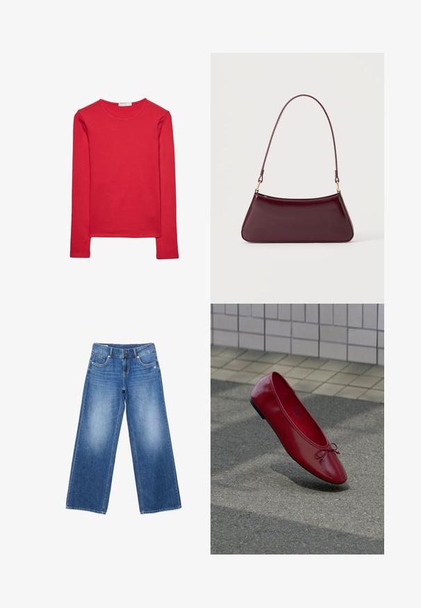 T-shirt rouge à manches longues en coton doux. Présente un col rond et une coupe ajustée. Texture lisse sans motifs ni accents visibles.; Jean en denim bleu à jambes larges avec légère décoloration, poches avant et arrière, fermeture par bouton et zip, étalé à plat sur un fond blanc.; Ballerine en cuir rouge avec un petit nœud sur un pavé texturé près d'un mur carrelé, projetant une ombre en dessous.; Sac à main brillant bordeaux foncé avec une anse fine unique et une forme trapézoïdale élégante sur un fond clair uni.