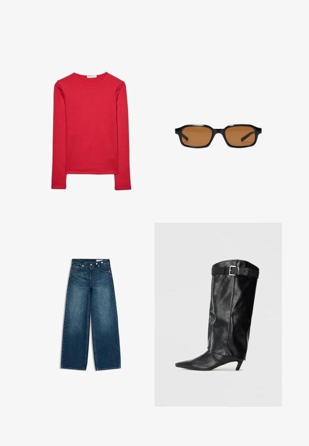 T-shirt rouge à manches longues en coton doux. Présente un col rond et une coupe ajustée. Texture lisse sans motifs ni accents visibles.; Jean bleu taille haute à jambes larges avec poches devant et derrière et un détail de ceinture boutonnée en diagonale.; Botte noire en cuir, montante jusqu'au genou, avec un bout pointu et un petit talon. Présente une ceinture en haut avec une boucle en métal argenté. Texture lisse.; Lunettes de soleil rectangulaires noires avec des montures épaisses et des verres teintés marron, vues de face sur un fond blanc.