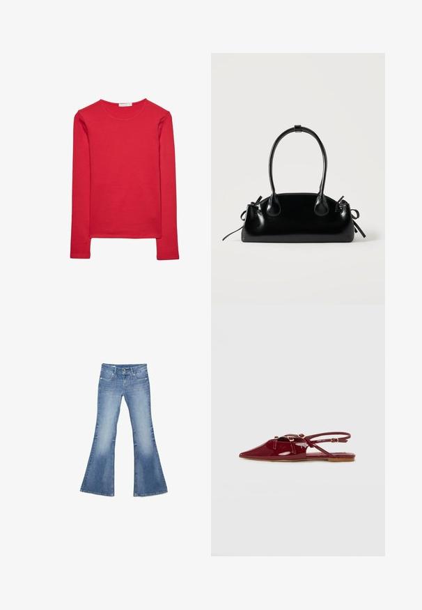 T-shirt rouge à manches longues en coton doux. Présente un col rond et une coupe ajustée. Texture lisse sans motifs ni accents visibles.; Jean en denim bleu clair avec jambes évasées larges, poches plaquées avant et fermeture à double bouton sur fond blanc.; Chaussure slingback en cuir verni rouge avec un bout pointu, dotée de fines lanières et d'accents en matériel doré. Semelle plate avec une finition lisse.; Petit sac à main noir brillant avec deux longues anses et des détails à cordon sur les côtés sur un fond clair uni.