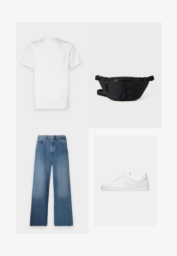Hvid bomulds T-shirt, korte ærmer, rund hals, enkel design, glat tekstur, standard lige snit.; Bredde ben blå denim jeans med et klassisk fem-lomme design, frontlukning med knap og let falming for tekstur.; Hvid lavt sneaker med snørelukning, glat læderoverdel og tyk sål, vist fra siden på en ensfarvet baggrund.; Sort Moschino bæltetaske med frontlynlås og justerbar rem på en ensfarvet lys baggrund.