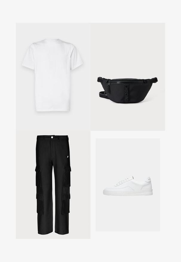 Camiseta blanca de algodón, de manga corta, con cuello redondo, diseño sin adornos, textura suave, corte recto estándar.; Pantalones cargo negros con un corte holgado, múltiples bolsillos laterales, cierre de botón y una textura de tela suave.; Zapatilla deportiva blanca de corte bajo con diseño con cordones, parte superior de cuero liso y suela gruesa, vista de lado sobre un fondo liso.; Bolsa de cintura negra Moschino con cremallera frontal y correa ajustable sobre un fondo liso claro.