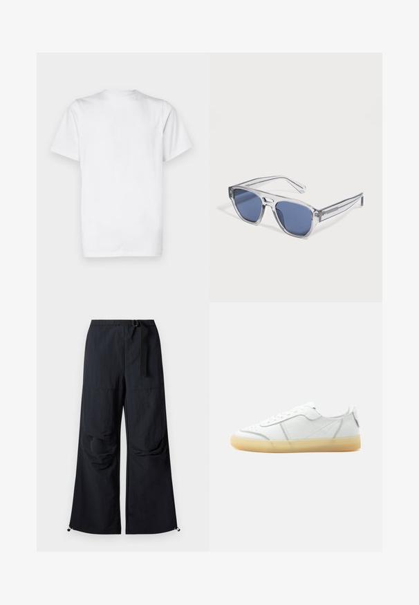 Camiseta blanca de algodón, de manga corta, con cuello redondo, diseño sin adornos, textura suave, corte recto estándar.; Pantalones negros de pierna ancha hechos de tela ligera. Cuentan con un cinturón, dos grandes bolsillos laterales y dobladillos ajustables con cierres de cordón.; Zapatilla blanca de piel de corte bajo con suela translúcida beige, cierre con cordones en la parte frontal y detalles de costura mínimos, mostrada de lado sobre un fondo liso.; Gafas de sol con montura transparente y lentes rectangulares tintadas de azul apoyadas sobre una superficie blanca.