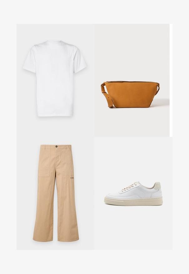 Camiseta blanca de algodón, de manga corta, con cuello redondo, diseño sin adornos, textura suave, corte recto estándar.; Pantalones cargo de algodón beige de pierna ancha con bolsillos parche en la parte delantera y un logo en el bolsillo trasero. Tejido ligero con una textura suave.; Zapatilla blanca con parte superior de cuero suave, cordones beige y un tirador de talón de ante beige texturizado. Suela elevada para mayor altura.; Bolso bandolera de cuero marrón claro con correa ajustable y cierre de cremallera, mostrado sobre un fondo claro y liso.