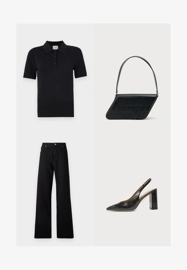 Calvin Klein FINE GAUGE - Polokošeľa - black; Čierne nohavice s širokými nohavicami vyrobené z denimu, s piatimi vreckami, predným zapínaním na gombík a jemnými prešívacími detailmi.; Čierna kožená slingback obuv s špicatou špičkou, vysokým hrubým podpätkom a béžovou vnútornou podšívkou na svetlom jednofarebnom pozadí.; Čierna kožená taška cez rameno v trojuholníkovom tvare, s vyrazeným logom a jedným nastaviteľným pásikom. Minimalistický dizajn s hladkou textúrou.