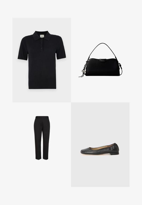 Calvin Klein FINE GAUGE - Polokošeľa - black; Čierne na mieru ušité spoločenské nohavice s opaskovými pútkami, rovnými nohavicami a vyžehlenými záhybmi, zobrazené na bielom pozadí.; Čierne kožené baletky s okrúhlou špičkou a minimálnym šitím. Nízky, obdĺžnikový podpätok a hladká textura. Diskrétny detail podšívky vnútri.; Čierna obdĺžniková kabelka Calvin Klein s jedným horným remienkom, strieborným logom príveskom a malým preklopeným zapínaním na prednej strane.