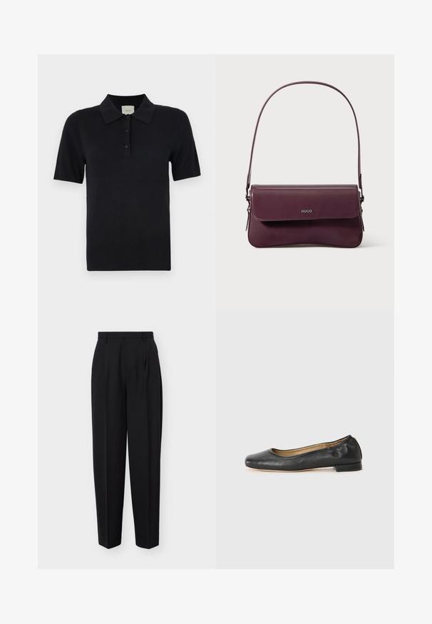 Calvin Klein FINE GAUGE - Polokošeľa - black; Čierne vysoký pás na mieru šité nohavice s pútkami na opasok, prednými záhybmi a rovnými nohavicami, zobrazené na jednoduchom bielom pozadí.; Čierne kožené baletky s okrúhlou špičkou a minimálnym šitím. Nízky, obdĺžnikový podpätok a hladká textura. Diskrétny detail podšívky vnútri.; Vínovo červená kožená kabelka so štruktúrovaným dizajnom, vybavená klopou a nastaviteľným remienkom. Na prednej strane je vyrazené logo.