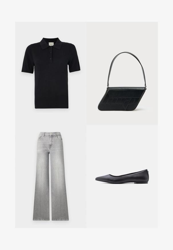 Calvin Klein FINE GAUGE - Polokošeľa - black; Svetlošedé džínsy s voľnými nohavicami a vyblednutým vzhľadom, predná vrecko a zapínanie na gombík. Má rovný strih nohavíc a klasický lem.; Čierna kožená balerína s špičatou špičkou a nízkym podpätkom, zobrazená z profilu na bielom pozadí.; Čierna kožená taška cez rameno v trojuholníkovom tvare, s vyrazeným logom a jedným nastaviteľným pásikom. Minimalistický dizajn s hladkou textúrou.